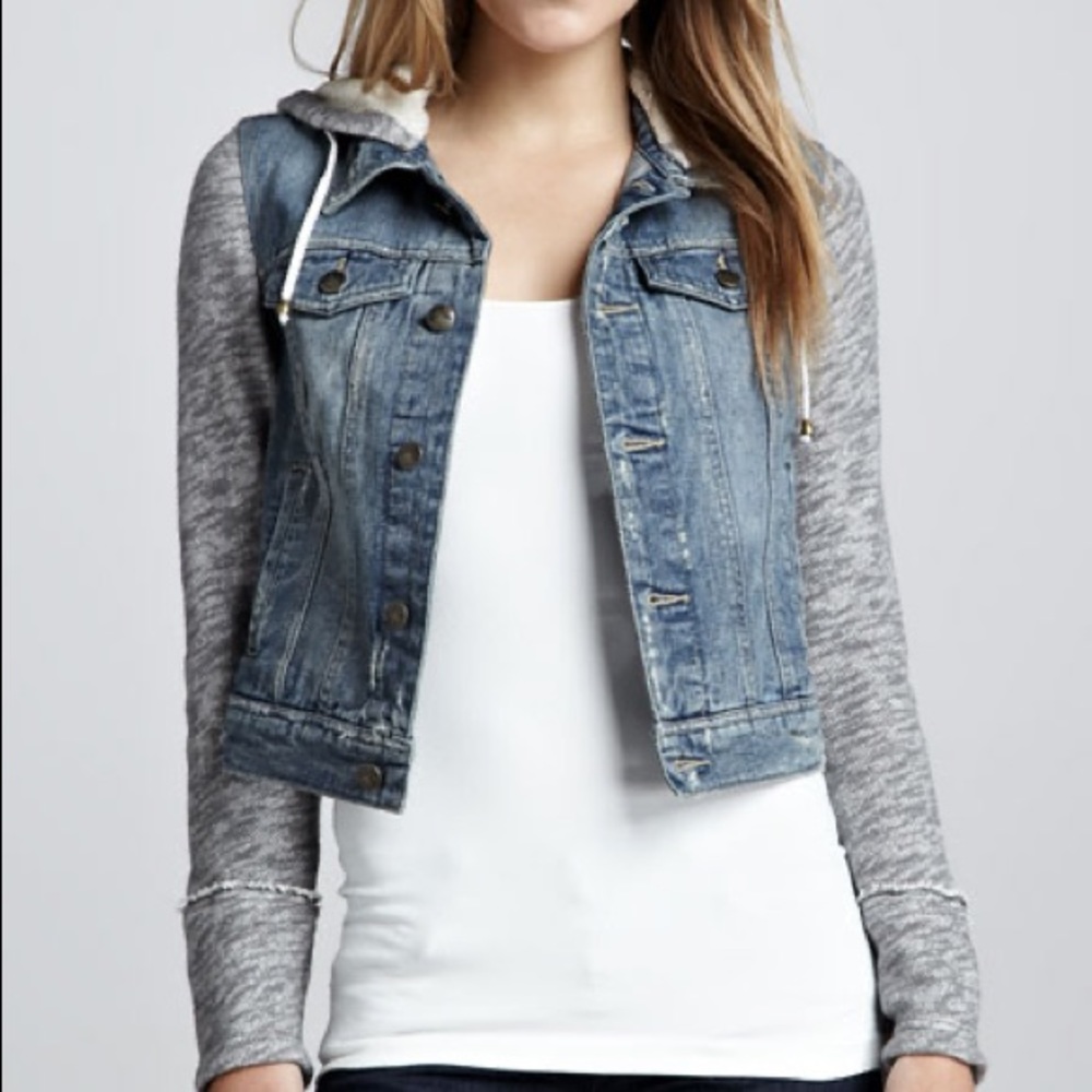 Free People Hooded Distress Denim Knit Jacket